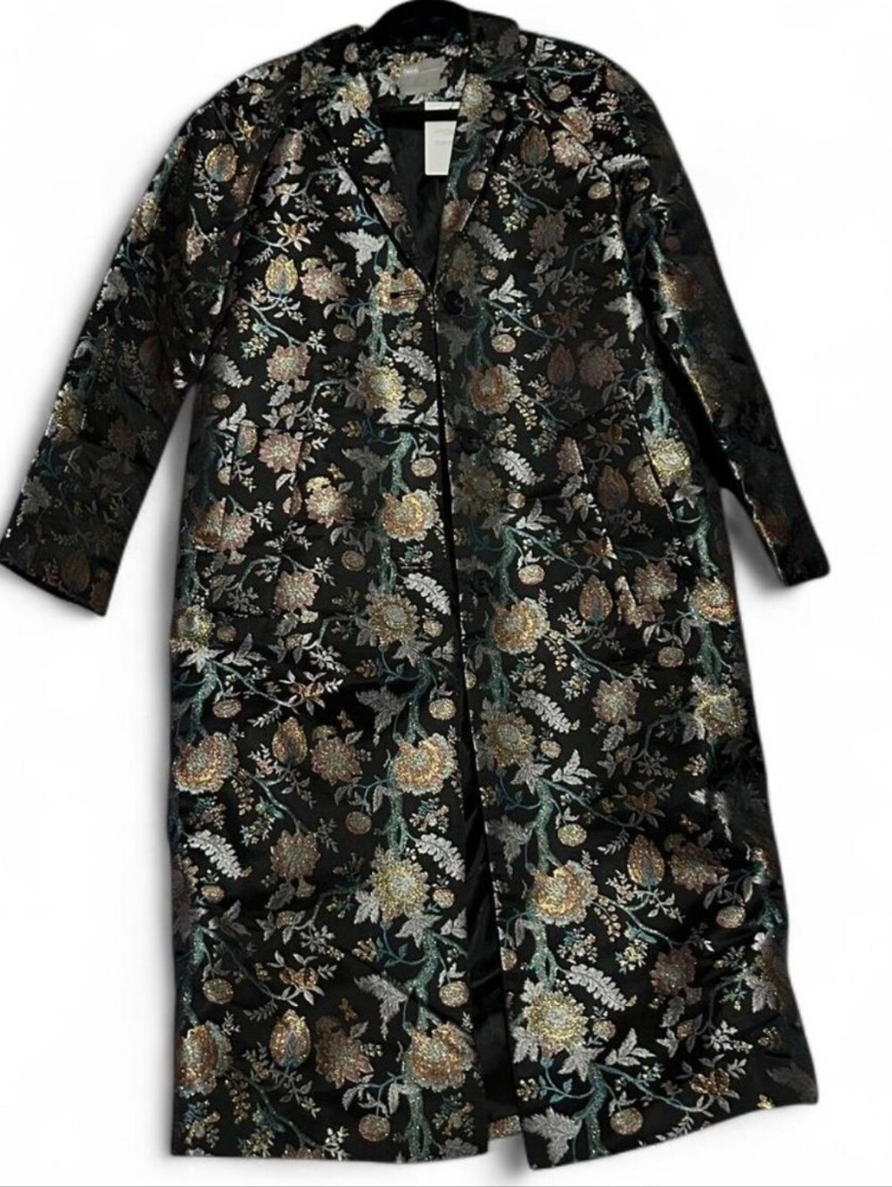 ASOS Black Floral Brocade Long Coat with Metallic Accents